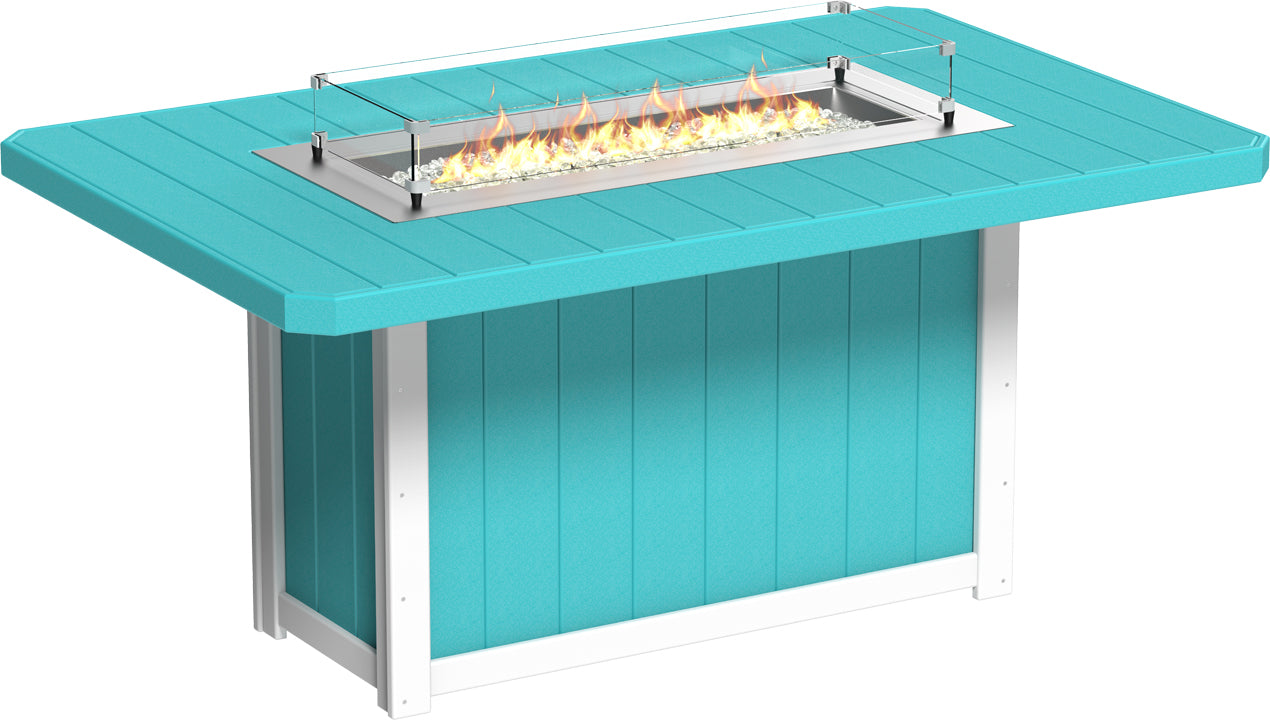 Aruba Blue and White Lumin Rectangular Counter Fire Table 79", adding a pop of color and warmth to your patio or garden.