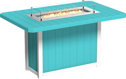 Lumin Rectangular Bar Fire Table 79" in Aruba Blue with White base, featuring a vibrant color and durable poly material for outdoor enjoyment.