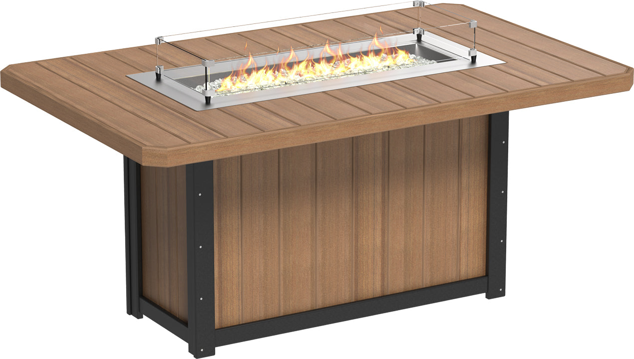 Lumin Rectangular Counter Fire Table in Antique Mahogany with Black accents, perfect for modern outdoor dining and entertaining.