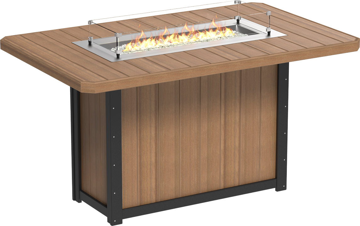 Lumin Rectangular Bar Fire Table 79" in Antique Mahogany with Black base, showcasing a rich, warm finish and environmentally friendly materials.