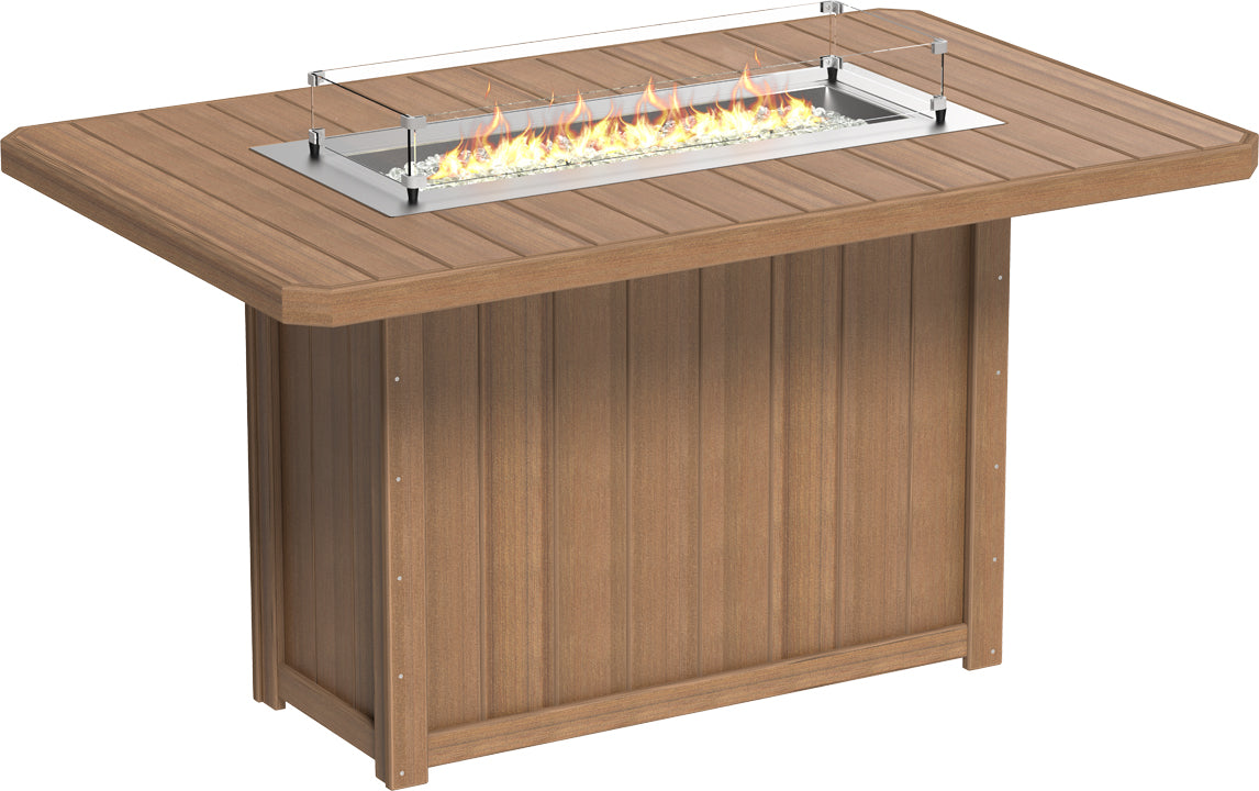 Lumin Rectangular Bar Fire Table 79" in Antique Mahogany, blending classic elegance with modern durability, perfect for outdoor gatherings.