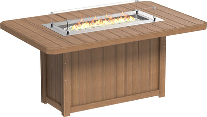 Antique Mahogany Lumin Rectangular Counter Fire Table 79", showcasing a clean-burning flame and elegant outdoor design.