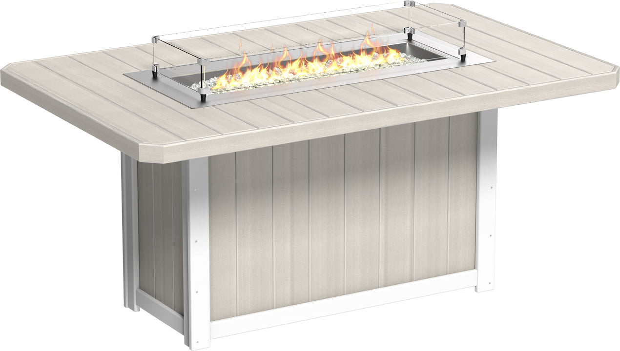 Birchwood and White Lumin Rectangular Counter Fire Table 79", blending classic and contemporary styles for your outdoor area.