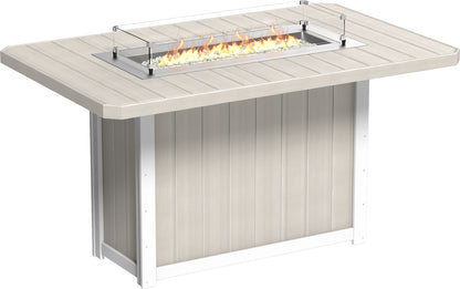 Lumin Rectangular Bar Fire Table 79" in Birch with White base, presenting a light and airy look suitable for various outdoor spaces.