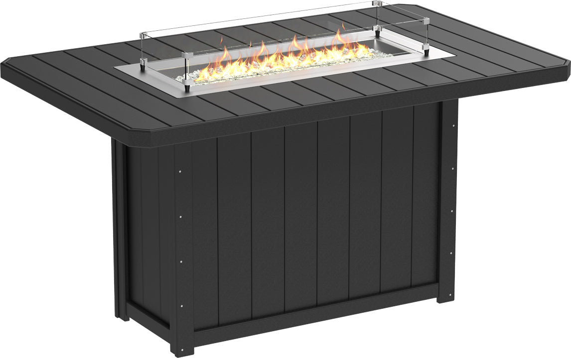 Lumin Rectangular Bar Fire Table 79" in Black, highlighting a minimalist design with strong, weather-resistant materials.