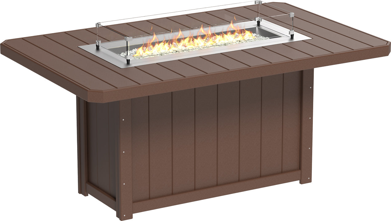 Chestnut Brown Lumin Rectangular Counter Fire Table 79", featuring a beautiful, flickering flame for memorable outdoor evenings.