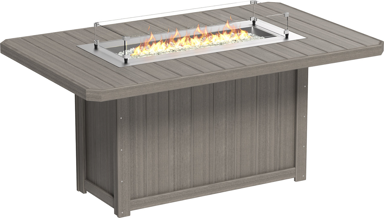 Coastal Gray Lumin Rectangular Counter Fire Table 79", providing a stylish and functional centerpiece for outdoor relaxation.