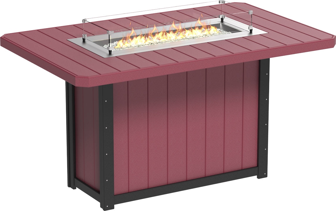 Lumin Rectangular Bar Fire Table 79" in Cherrywood & Black, featuring a vibrant cherrywood tabletop and sturdy black base with a clean-burning flame.