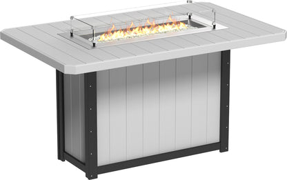 Lumin Rectangular Bar Fire Table 79" in Dove Gray & Black, highlighting a sleek gray tabletop with a bold black base and elegant fire display.