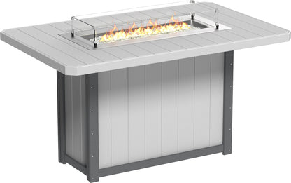 Lumin Rectangular Bar Fire Table 79" in Dove Gray & Slate, showcasing a sophisticated gray finish with slate accents and a beautiful flame.