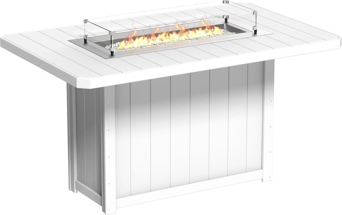 Lumin Rectangular Bar Fire Table 79" in White, presenting a clean and bright appearance perfect for any outdoor space.