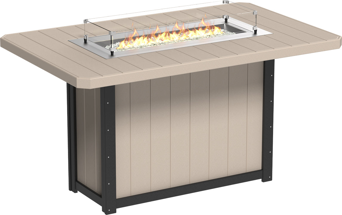 Lumin Rectangular Bar Fire Table 79" in Weatherwood & Black, combining rustic weatherwood tones with a durable black base for a stylish outdoor setting.