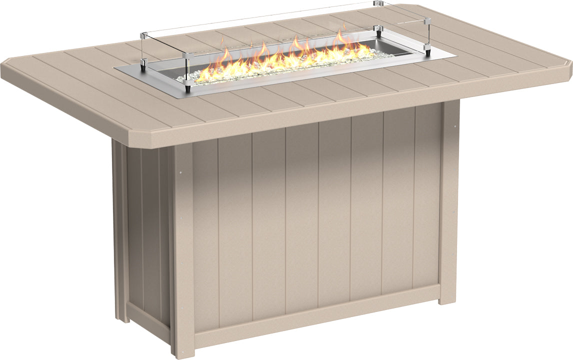 Lumin Rectangular Bar Fire Table 79" in Weatherwood, displaying a natural wood-like texture and contemporary fire table design.