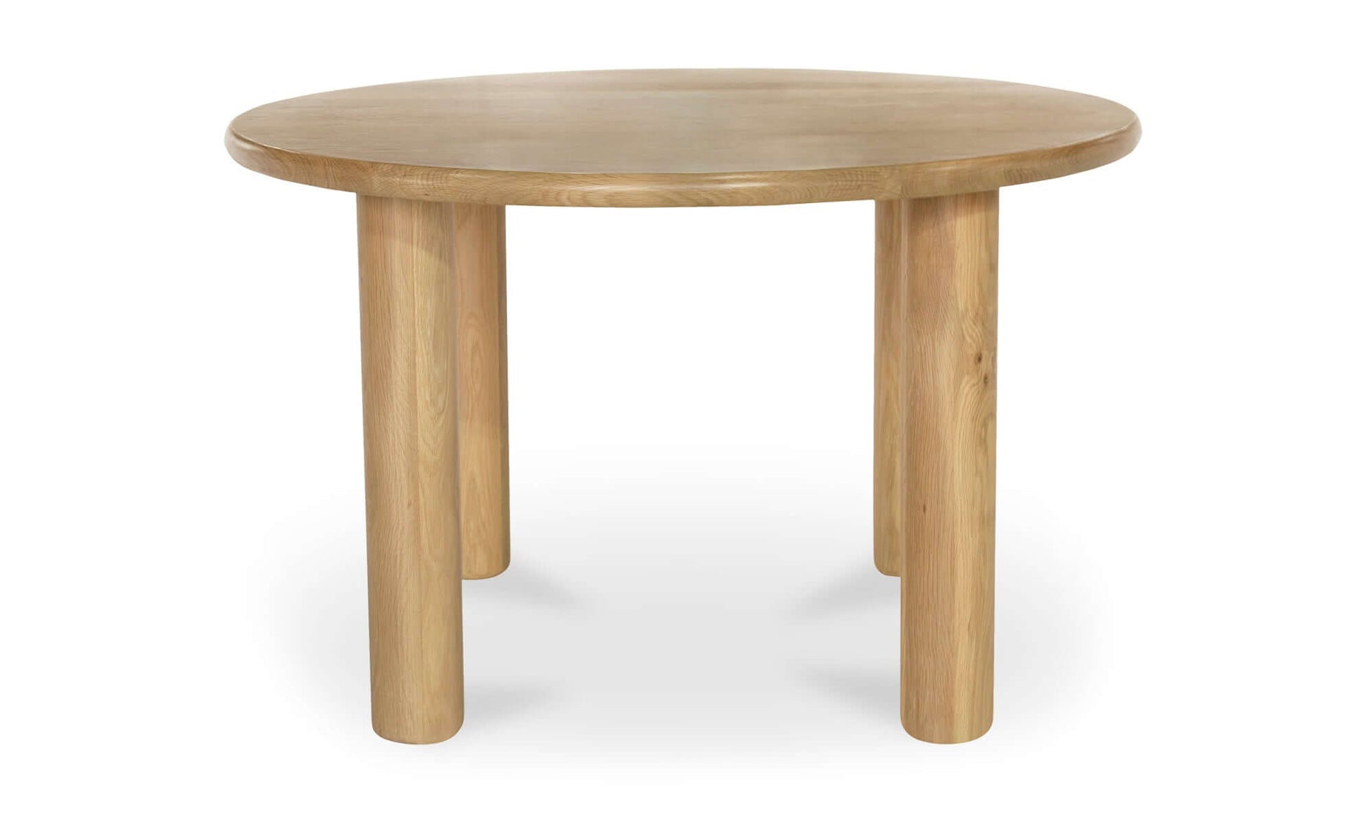 Milo round dining table in light oak finish with thick rounded edge and sleek column legs.