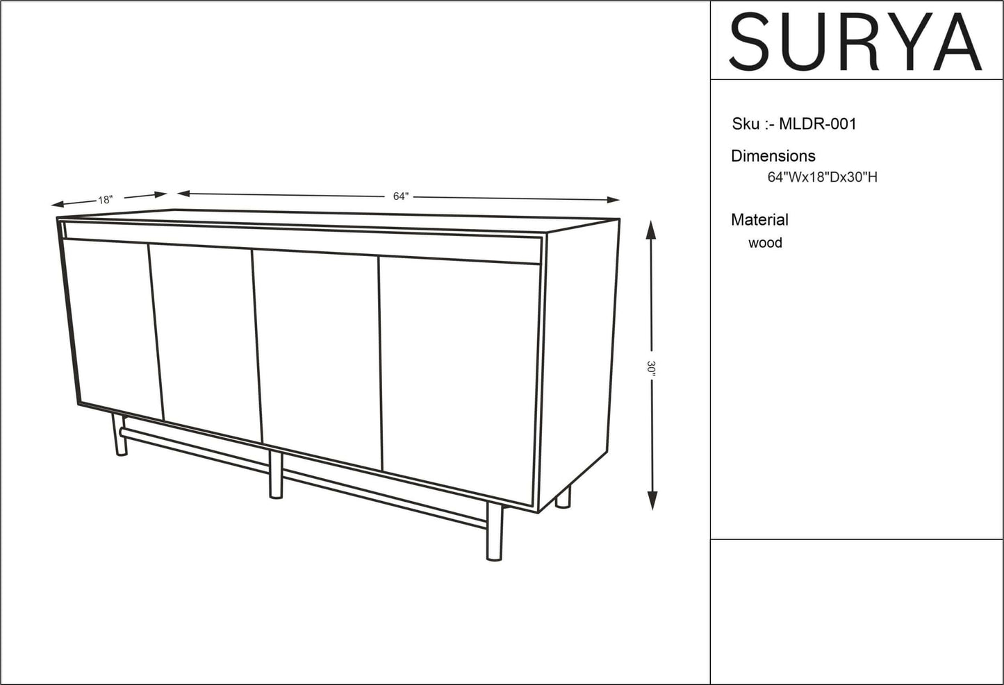 Line drawing of the Molander Dining Sideboard by Surya with dimensions for detailed reference.
