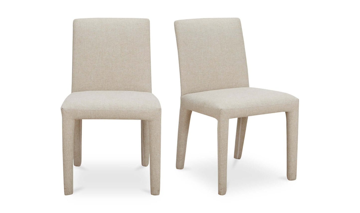 Pair of Monte Dining Chairs Beige, fully upholstered with performance fabric.