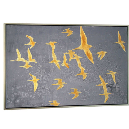 Gold birds painting with a gray watermarked backdrop and a sleek silver floater frame.