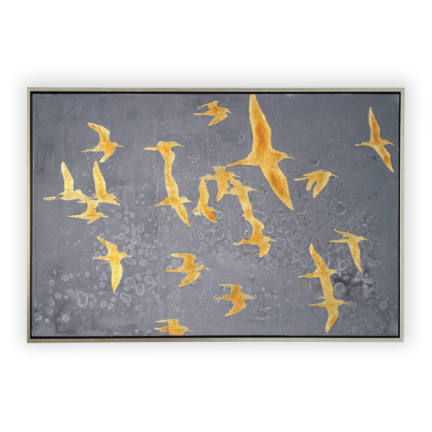 Gold birds on a gray watermarked background, framed in a sleek silver floater frame.