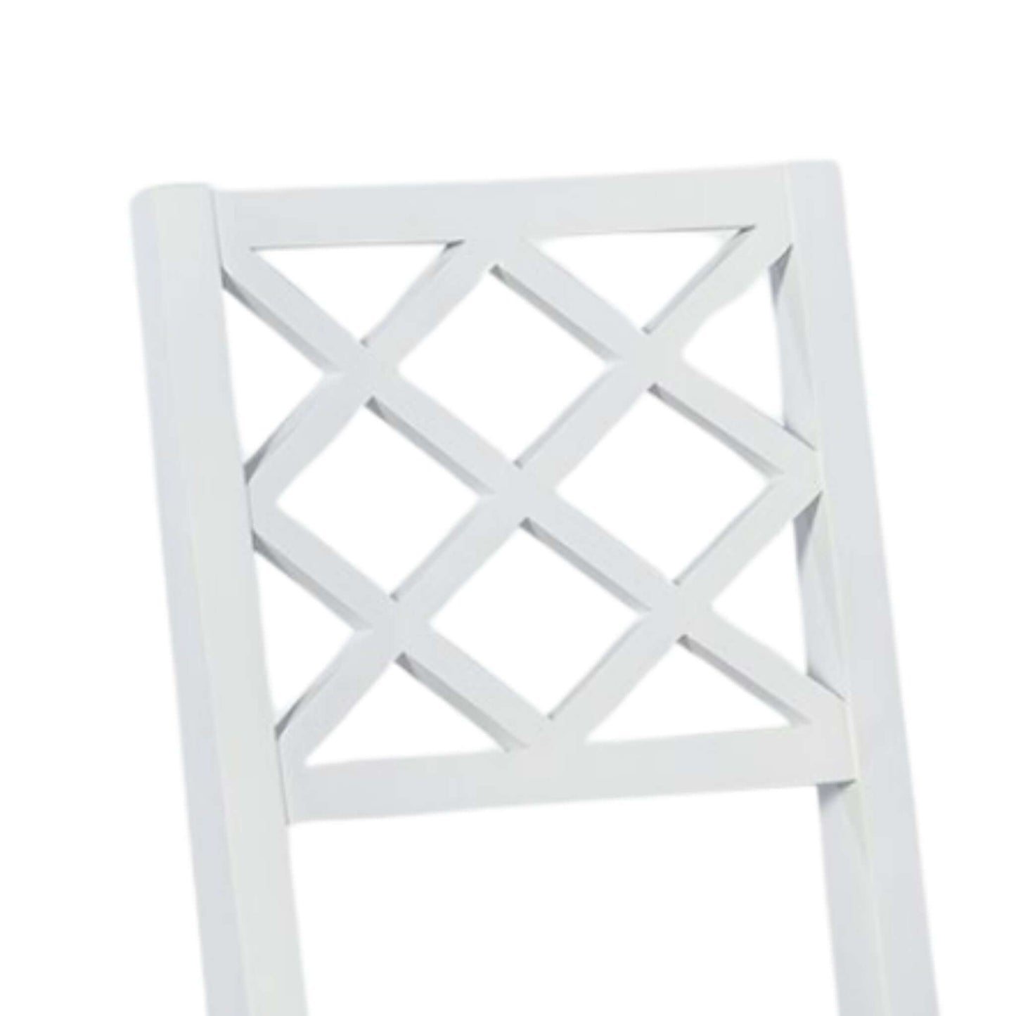 Close-up of a white wood dining chair's backrest with a diamond-patterned design and a sleek ghost finish.