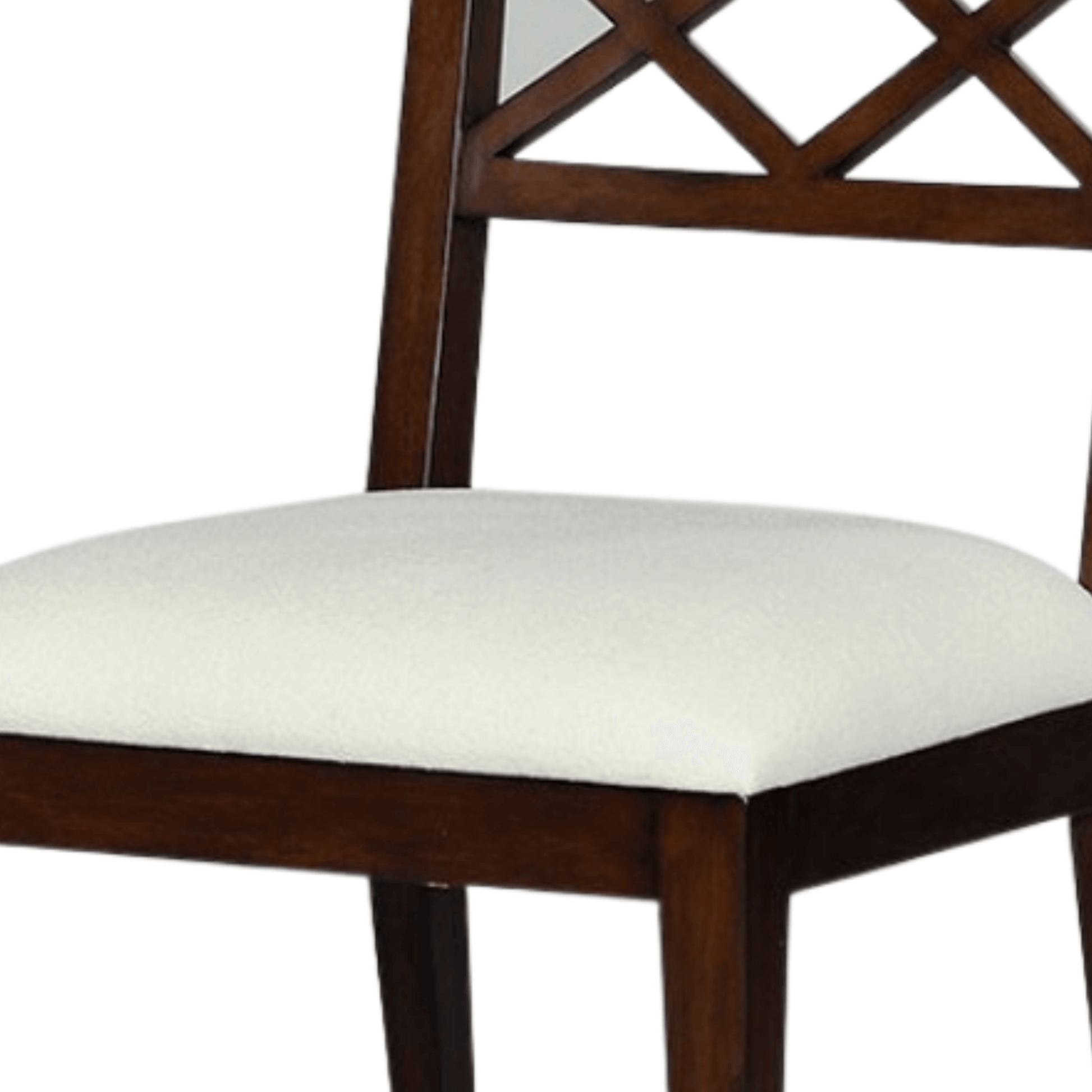 Close-up of a brown wood dining chair with a diamond-patterned straight back and white upholstered seat.