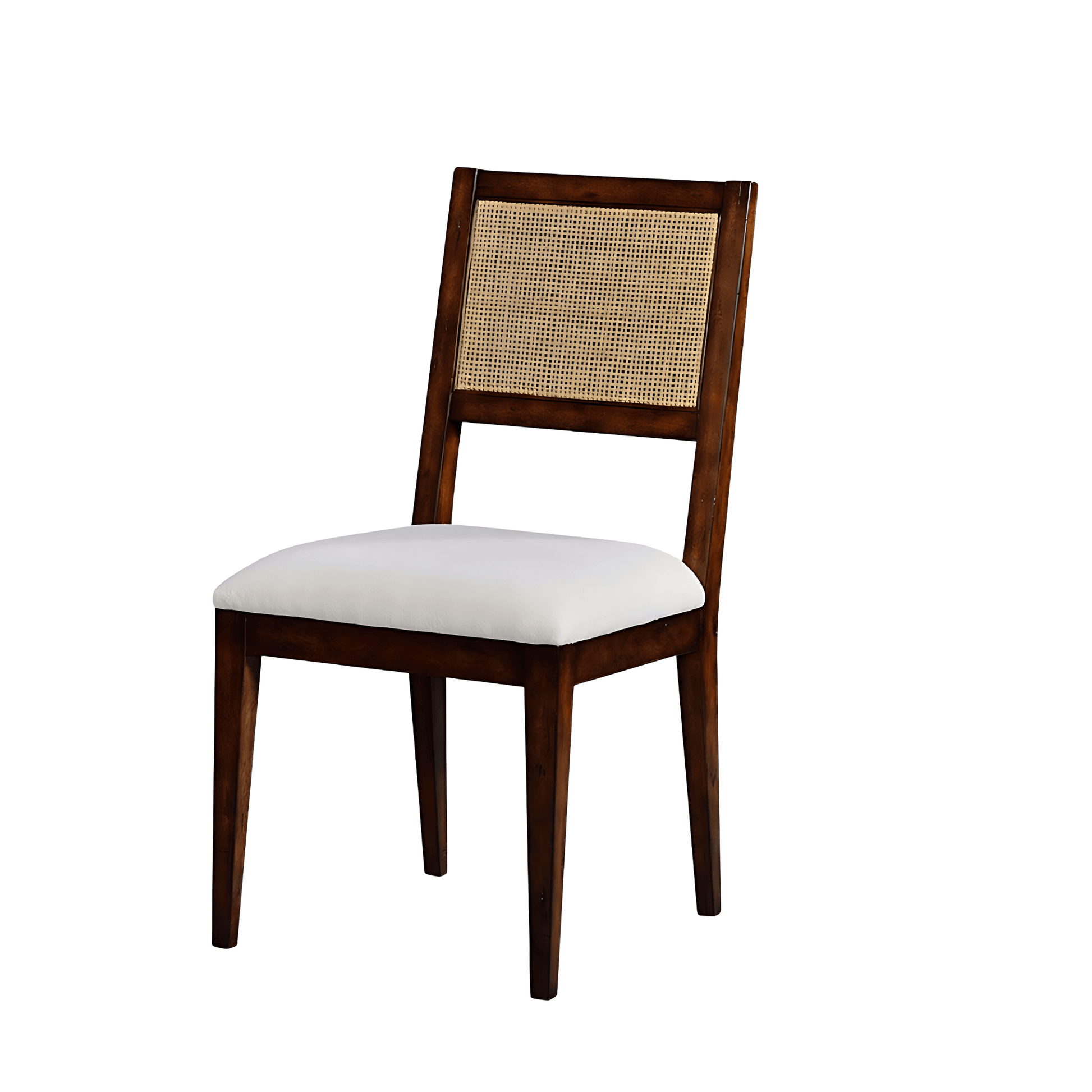 Full view of the Caine I Syrup Dining Chair featuring a cane-insert backrest and an upholstered seat with a warm syrup finish.