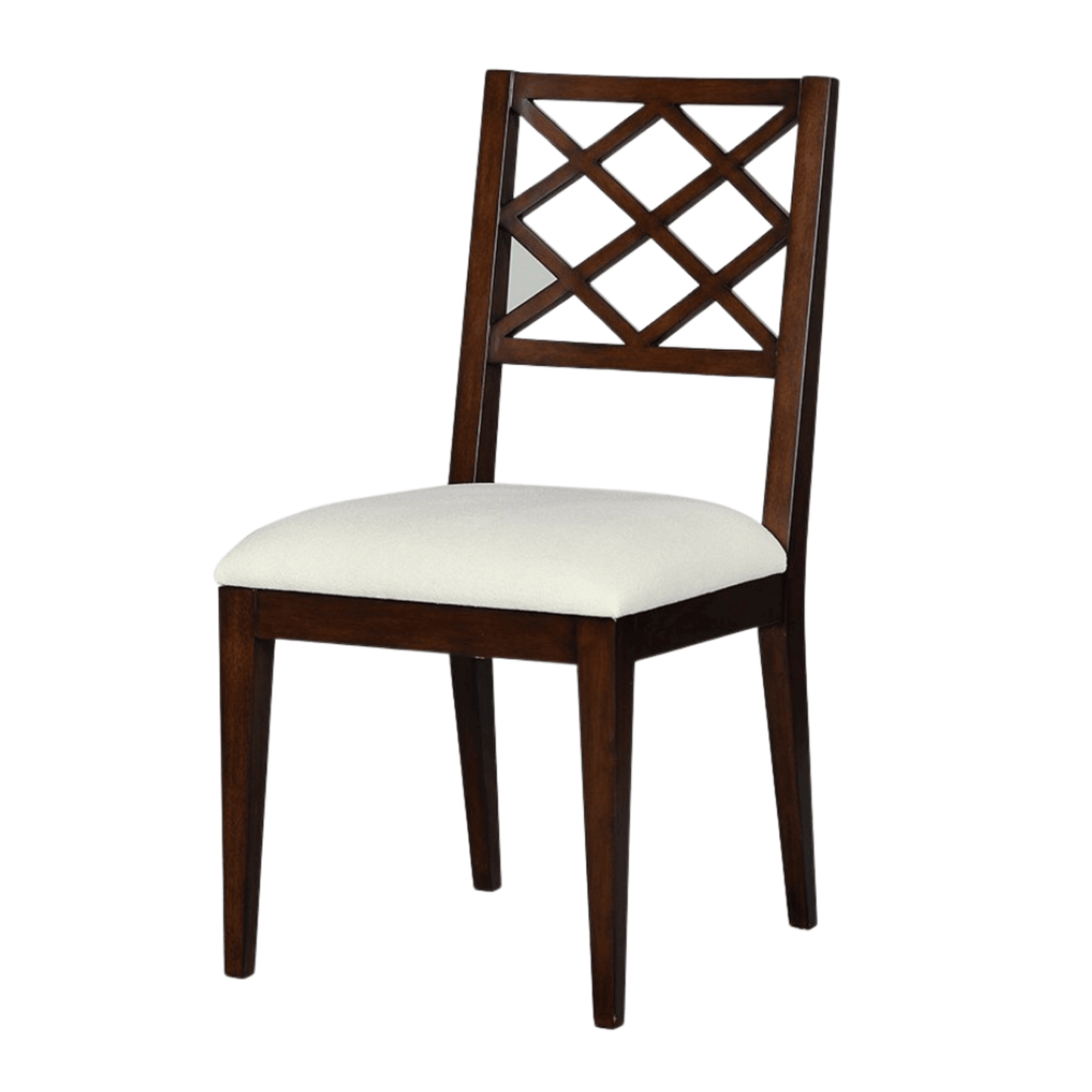 Full view of the Diamond I Dining Chair in syrup finish with a white upholstered seat and elegant diamond-patterned backrest.