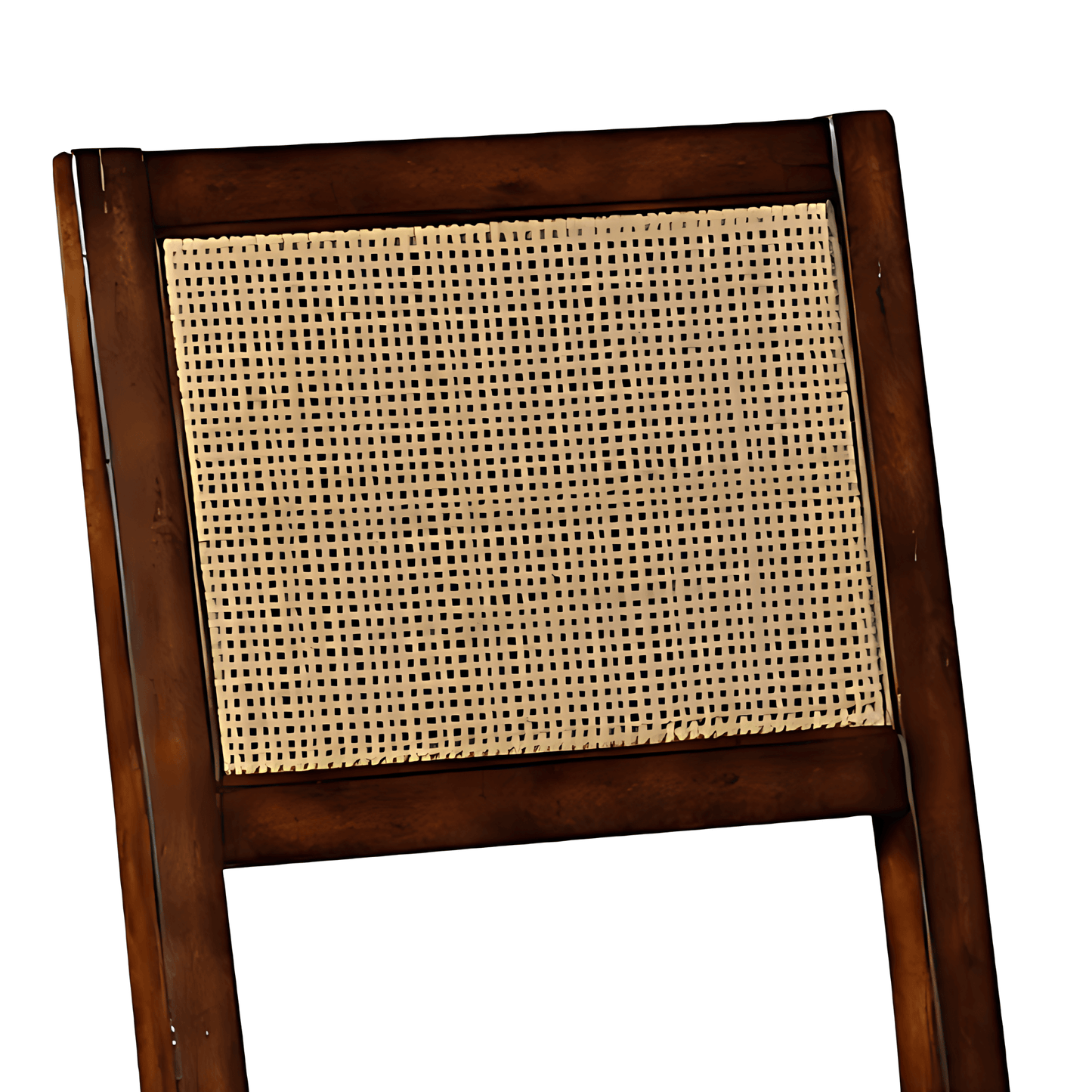 Close-up of the cane-insert backrest on a brown wooden dining chair, highlighting the classic design and syrup finish.