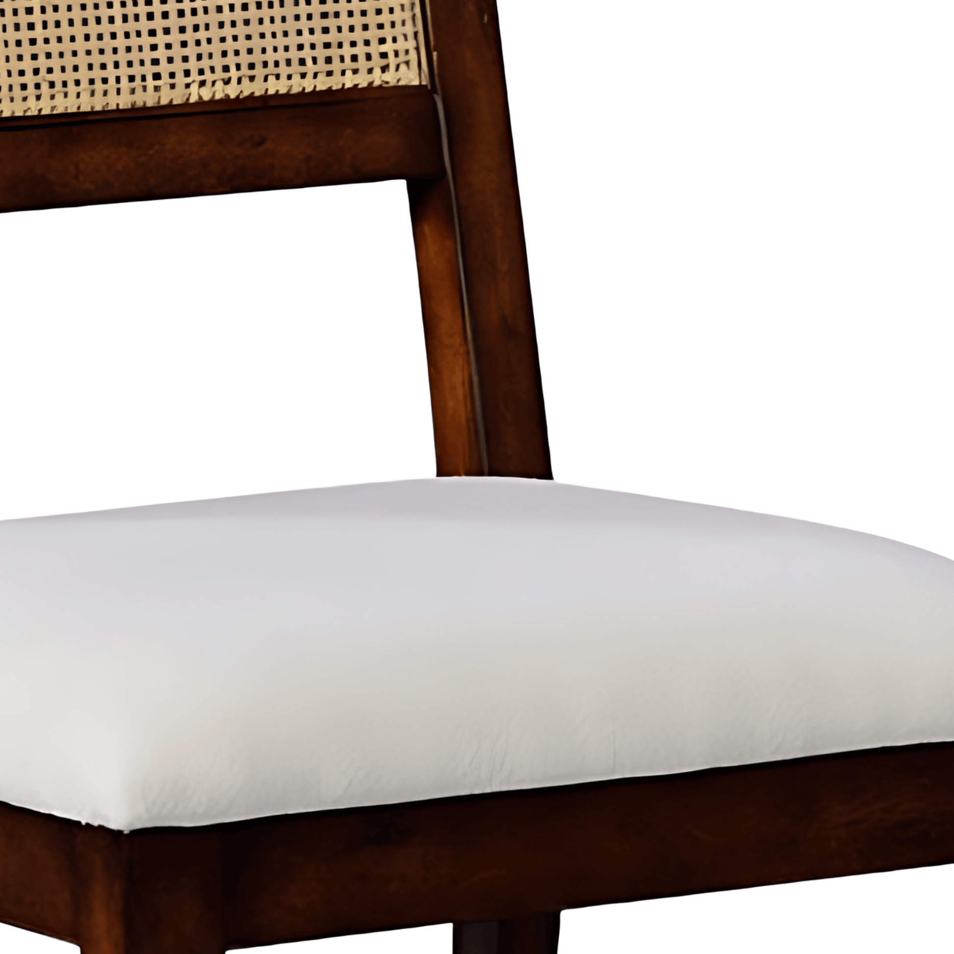 Detailed view of the upholstered seat and sturdy construction of a brown wooden dining chair with a syrup finish.