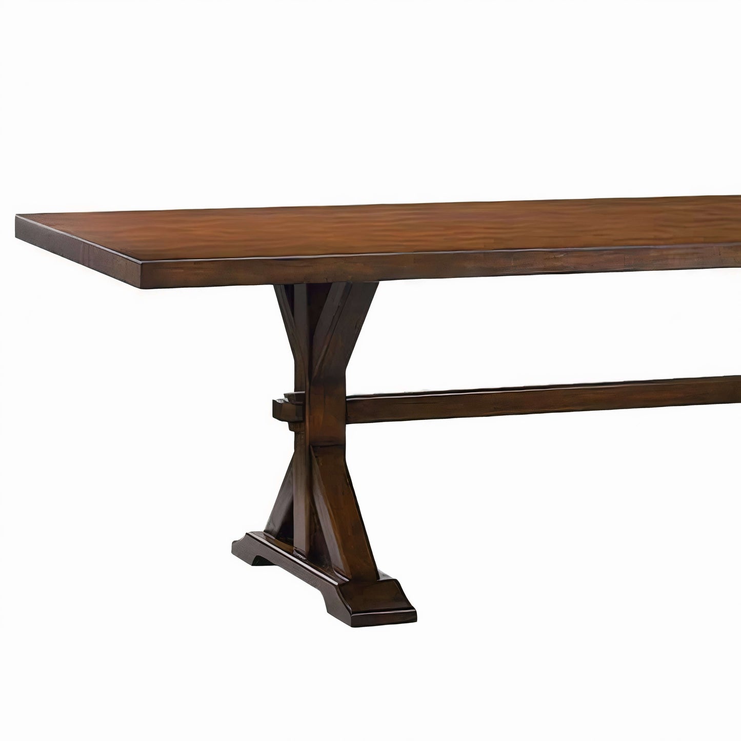 Side view of the Madison Dining Table, showing the smooth top, "K" shaped base, and sturdy trestle stretcher in a warm rustic finish.