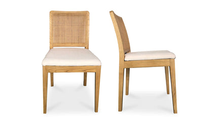 Pair of Orville Natural Dining Chairs showcasing rattan back and white cushions