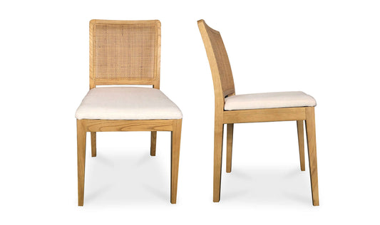 Pair of Orville Natural Dining Chairs showcasing rattan back and white cushions