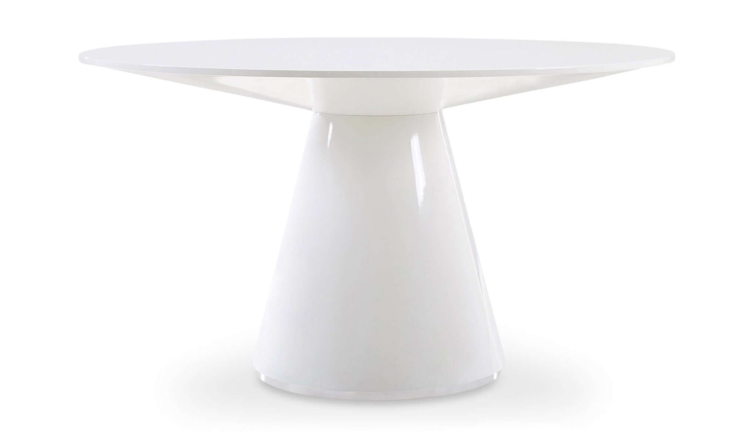 Side view of the Otago 54” White Round Dining Table showcasing geometric design.