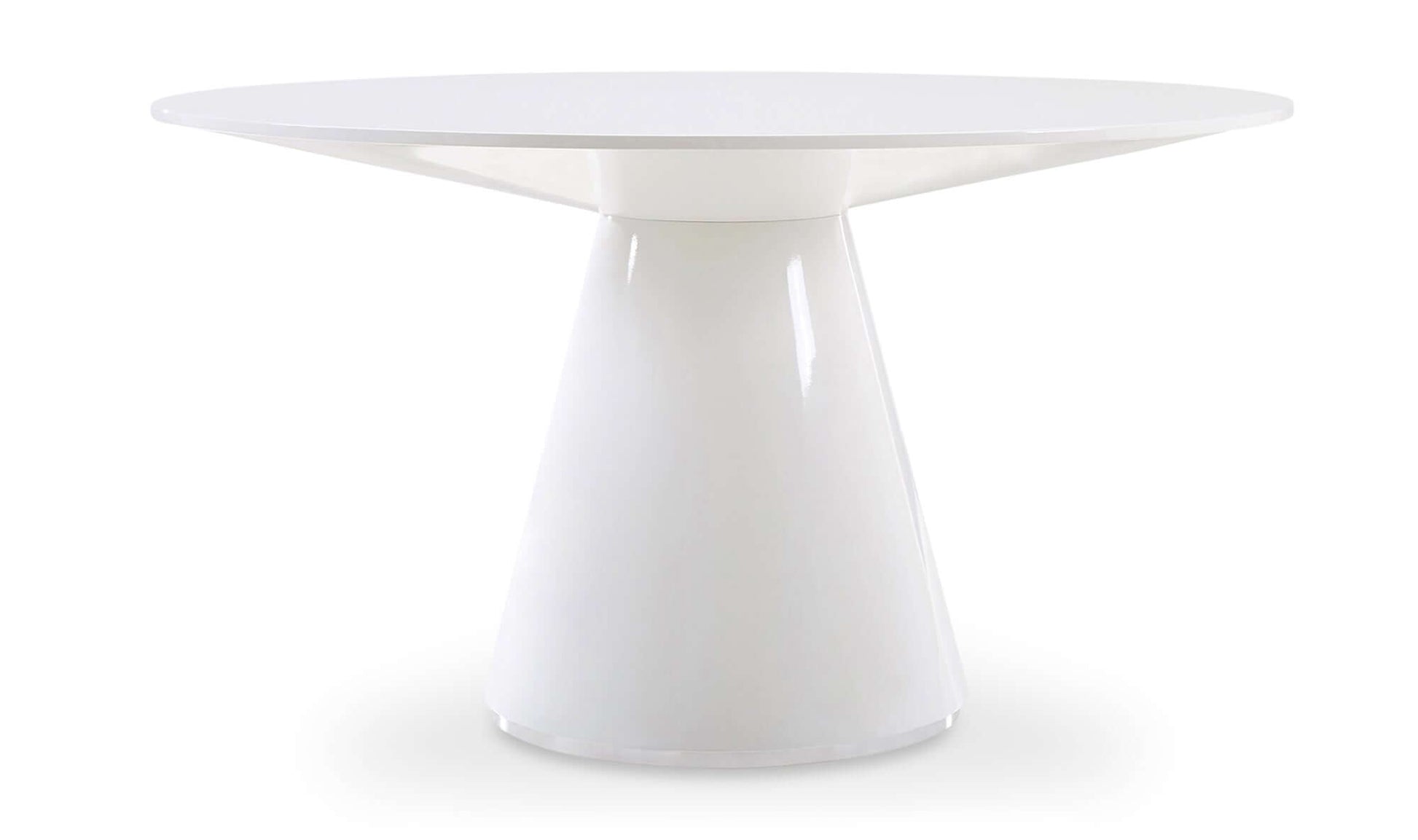 Side view of the Otago 54” White Round Dining Table showcasing geometric design.