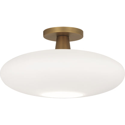 Dining room light fixture with frosted white cased glass shade and aged brass finish.