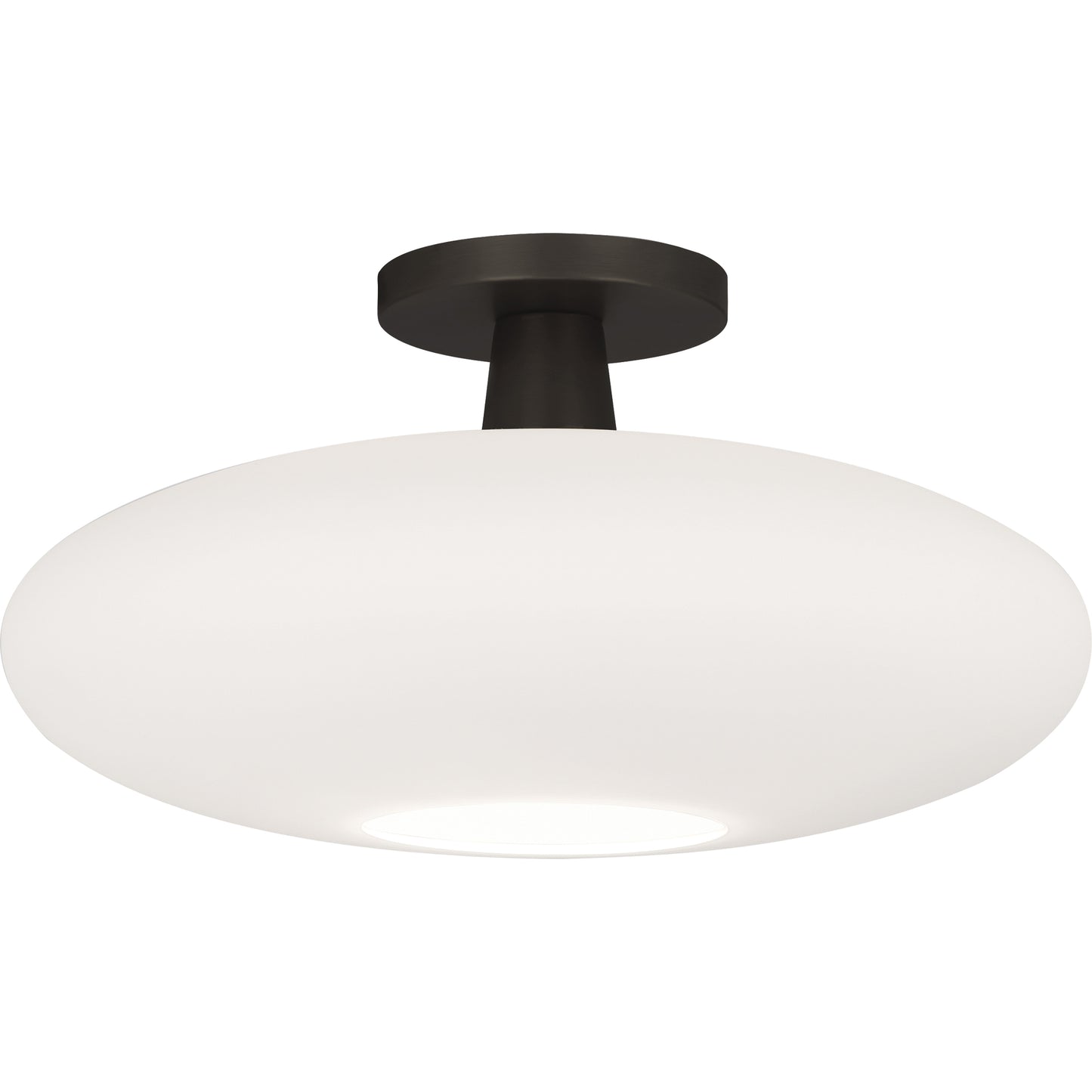 Modern dining room light with frosted white cased glass shade and deep patina bronze finish.