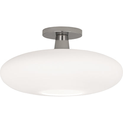 Dining room semi flush mount with frosted white cased glass shade and polished nickel finish.