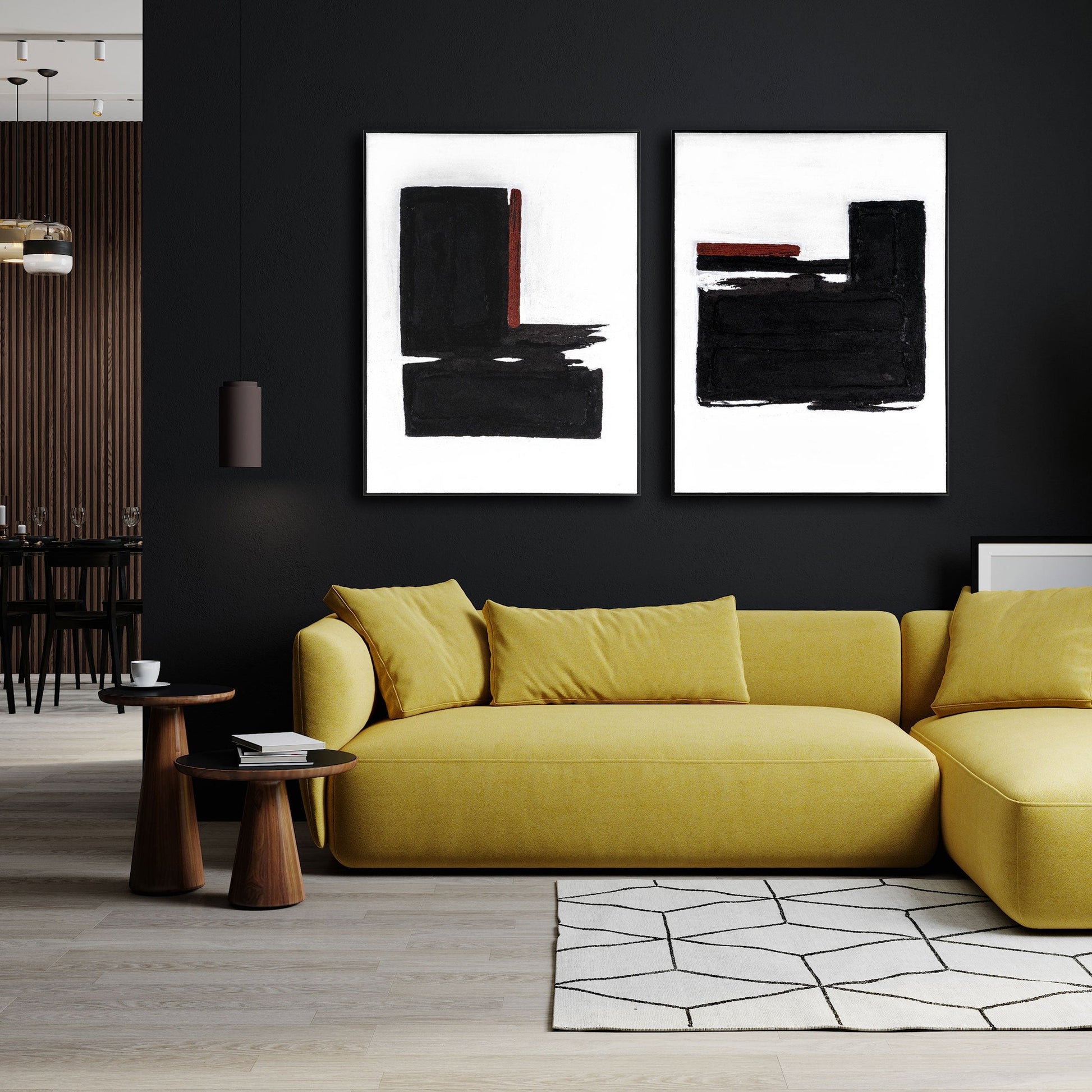 Landscape orientation of Obsidian Overture II in a modern living space with a yellow sofa.