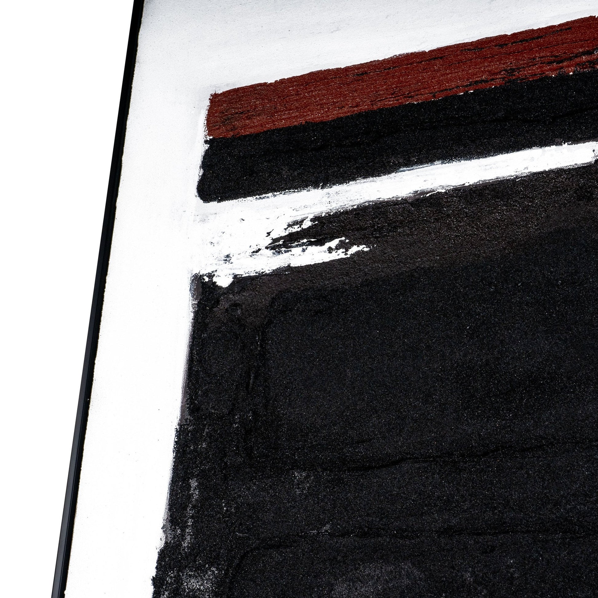 Close-up of red and black textured brushstrokes on a white canvas for Obsidian Overture I.