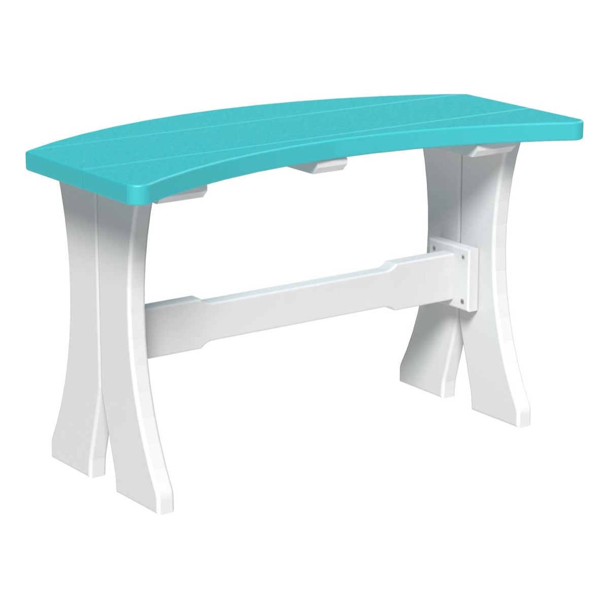 Poly 28" Outdoor Dining Bench in Aruba Blue and white, showcasing its durable and stylish design.