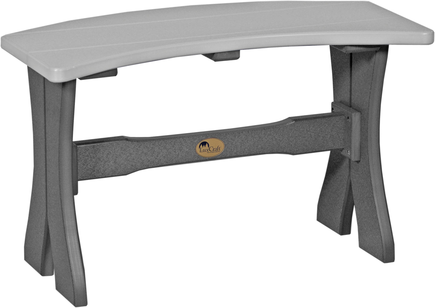 LuxCraft 28-inch Table Bench in Dove Gray & Slate, offering a subtle, sophisticated palette for patio dining.