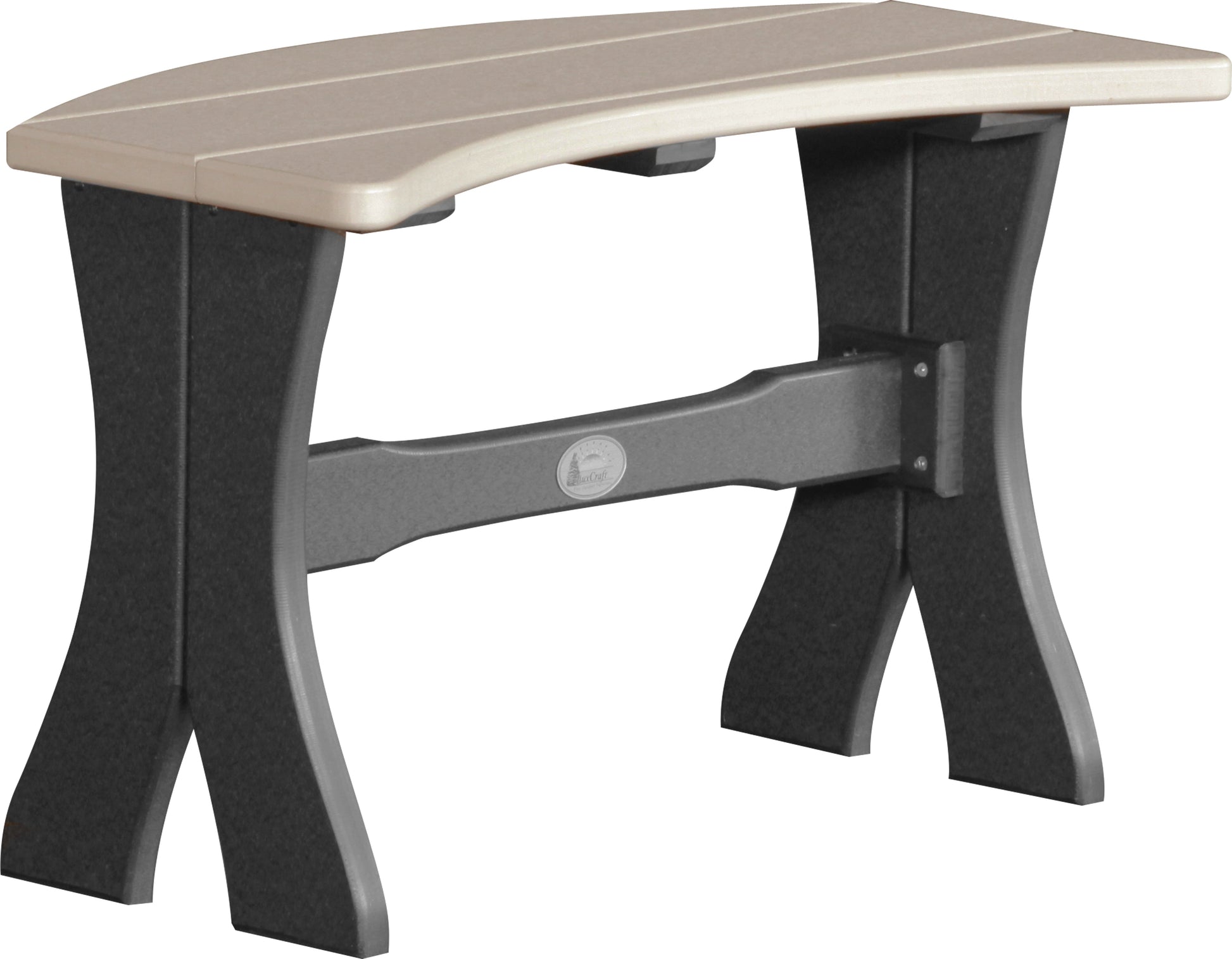 LuxCraft 28-inch Table Bench in Weatherwood & Black, combining earthy tones with a classic touch for al fresco dining.