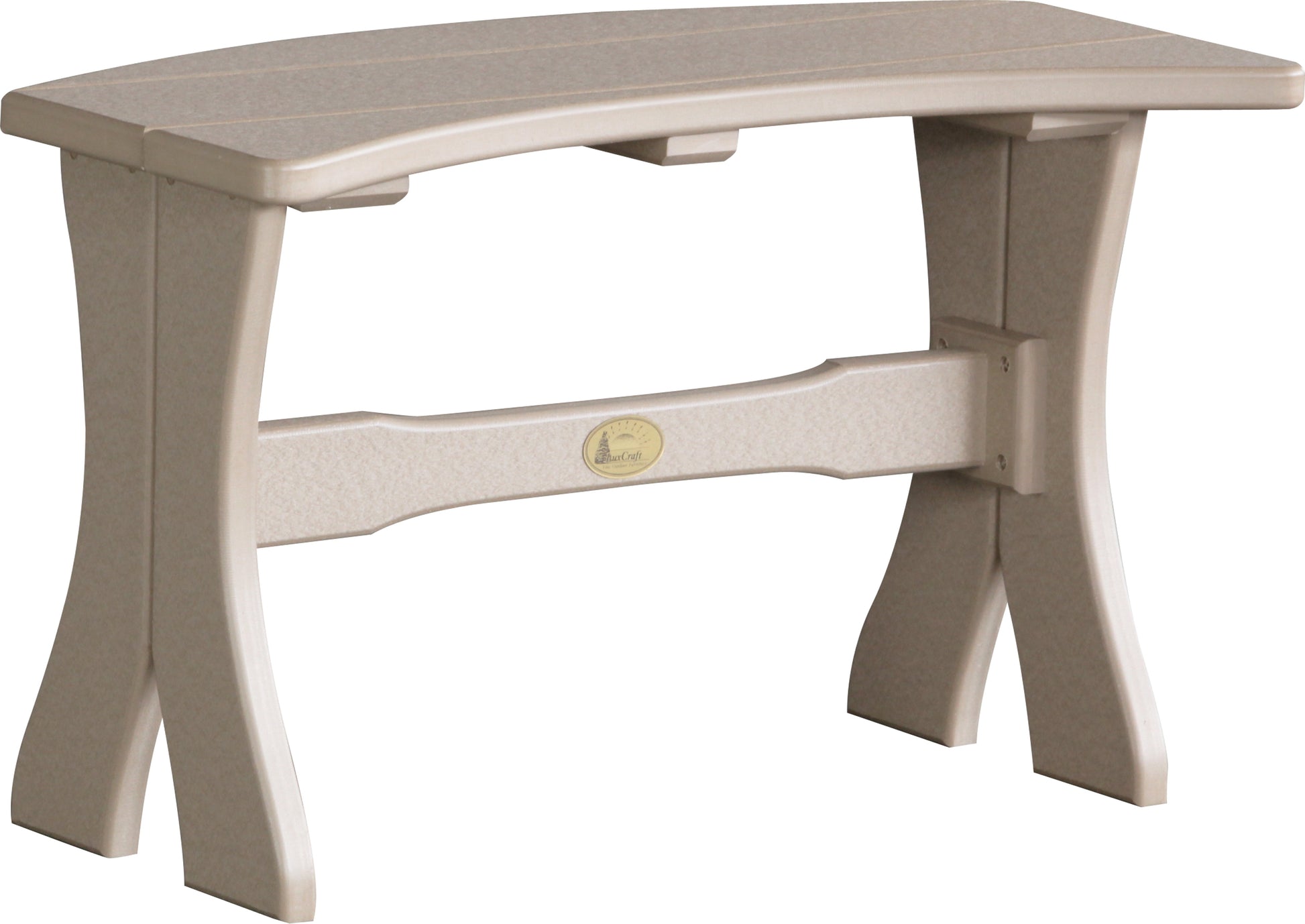 Neutral-toned Weatherwood LuxCraft 28-inch Table Bench, blending seamlessly with natural outdoor environments.