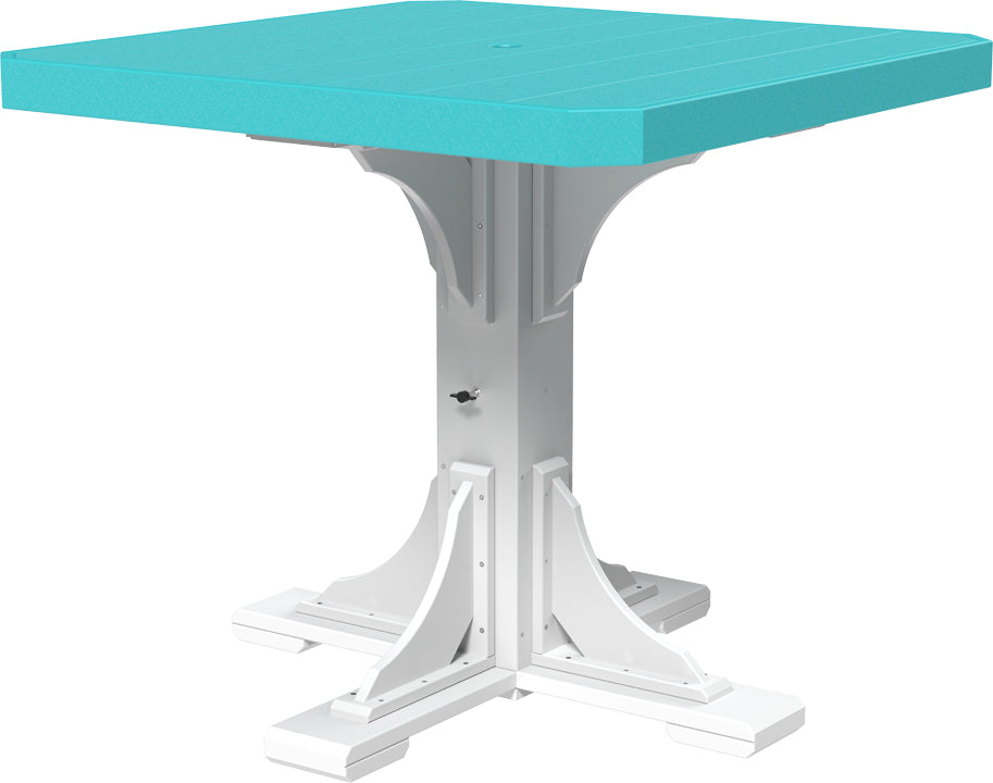 Aruba Blue and White square counter height table featuring a vibrant blue slatted top and a sturdy white base, perfect for coastal-themed outdoor settings.