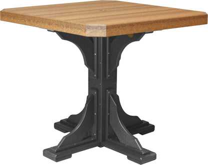 Antique Mahogany and Black square counter height table with a slatted mahogany top and dark base, blending traditional elegance with modern functionality.