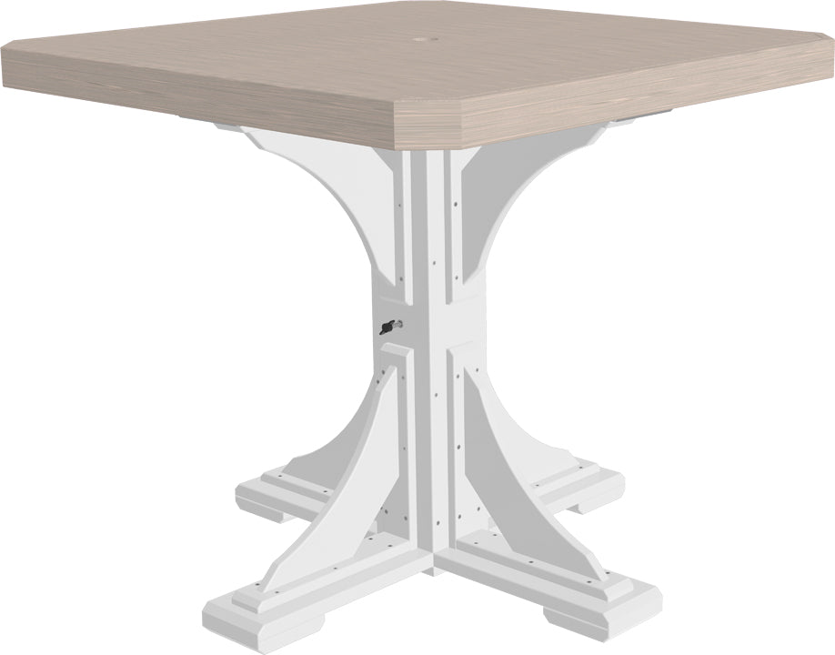 Birchwood and White square counter height table featuring a light birch top and a white base, offering a fresh and clean look for any outdoor patio.