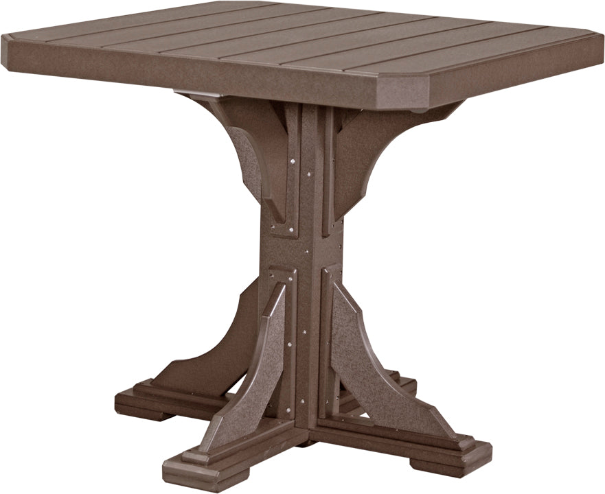 Chestnut Brown square counter height table with a rich brown slatted top and a robust pedestal base, suitable for rustic outdoor decor