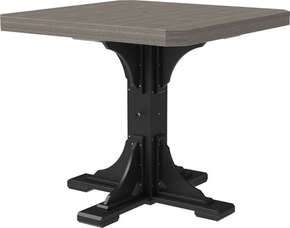 Coastal Gray and Black square counter height table with a gray slatted top and black pedestal base, ideal for contemporary outdoor environments.