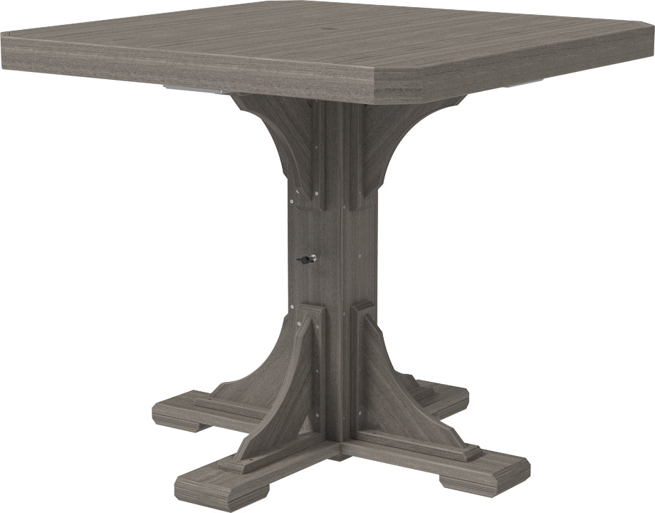 Coastal Gray square counter height table with a monochromatic gray design, featuring a slatted top and a strong pedestal base for a sleek, modern outdoor space.