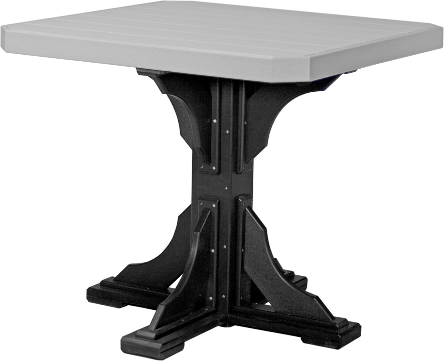 Dove Gray and Black square counter height table featuring a dove gray slatted top and a black pedestal base, perfect for contemporary outdoor spaces."