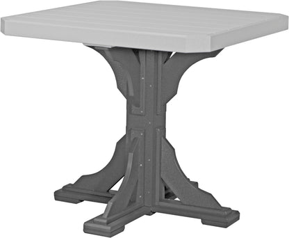 Dove Gray and Slate square counter height table with a dove gray slatted top and a slate base, combining modern aesthetics and functionality.